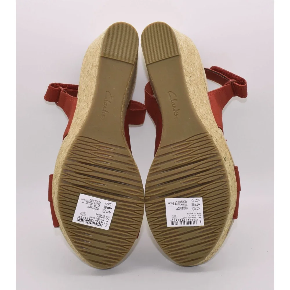 A6 NWOB CLARKS Annadel Red Nubuck Cork Platform Wedge Slingback Sandals Size 8 W